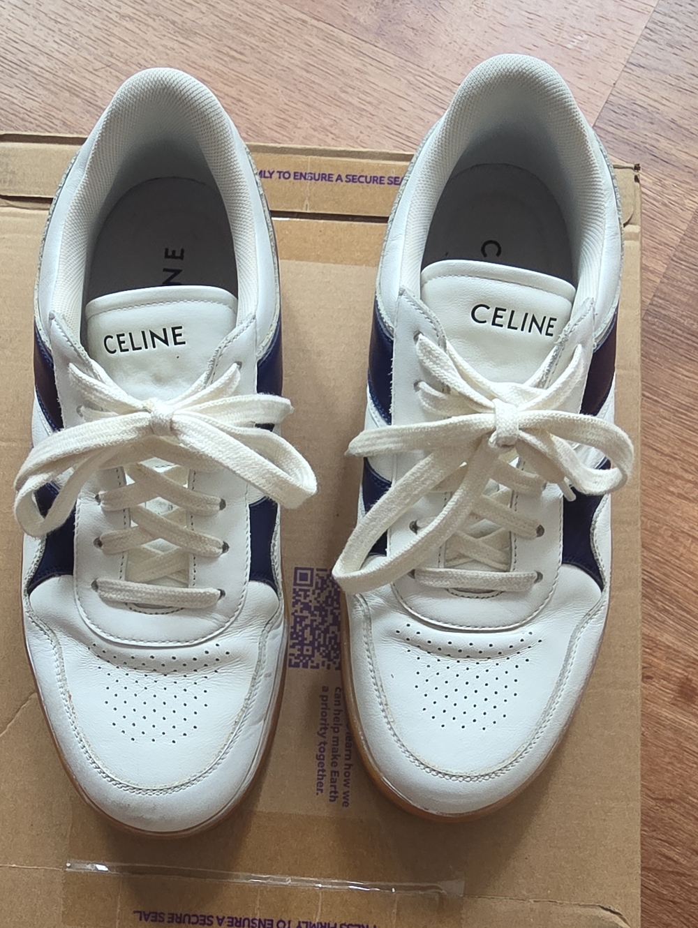 Celine White Leather Sneakers with Navy Side Panels